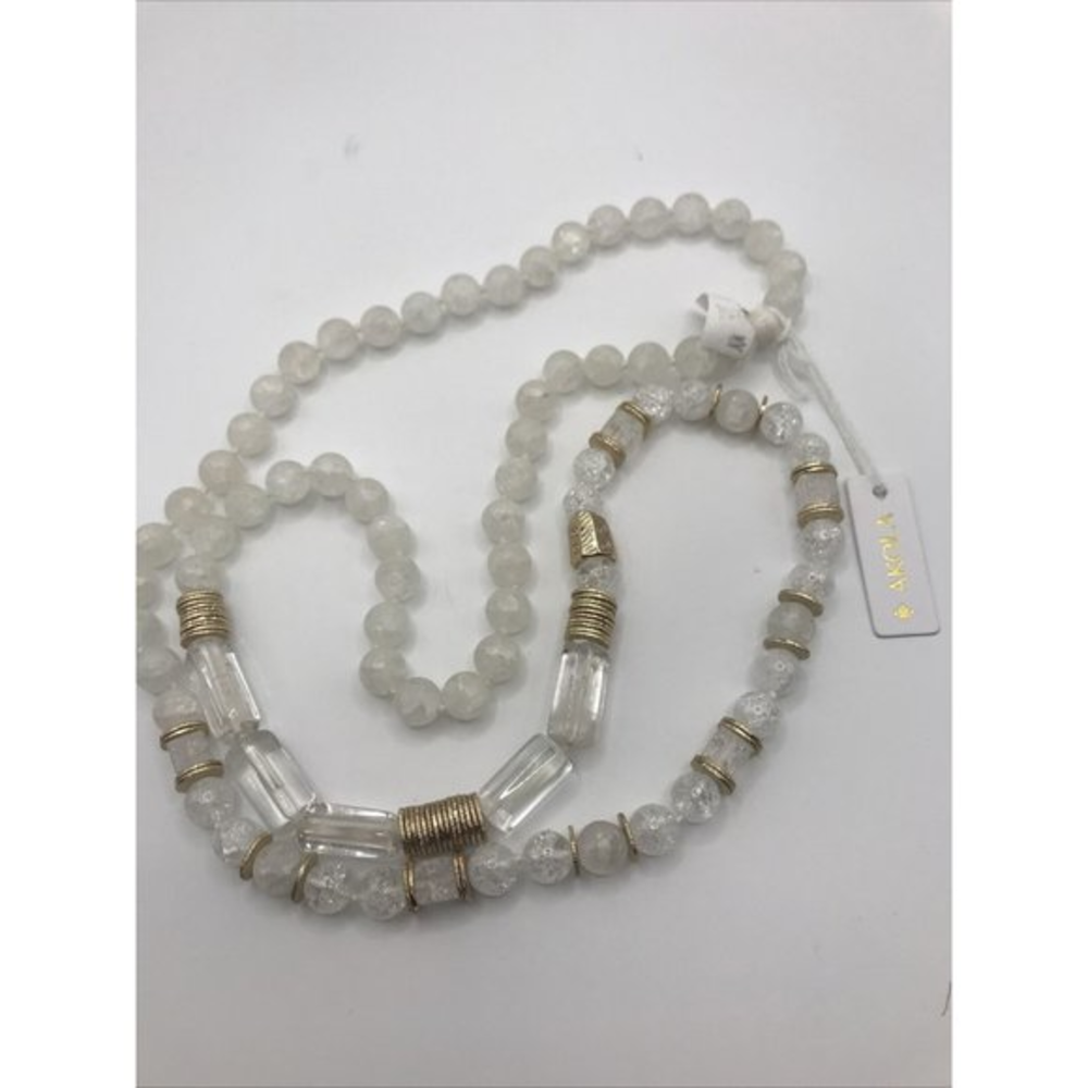AKOLA Crackle Gold Plated Disc Frosted Knotted NWT 38" Long Necklace Beads white
